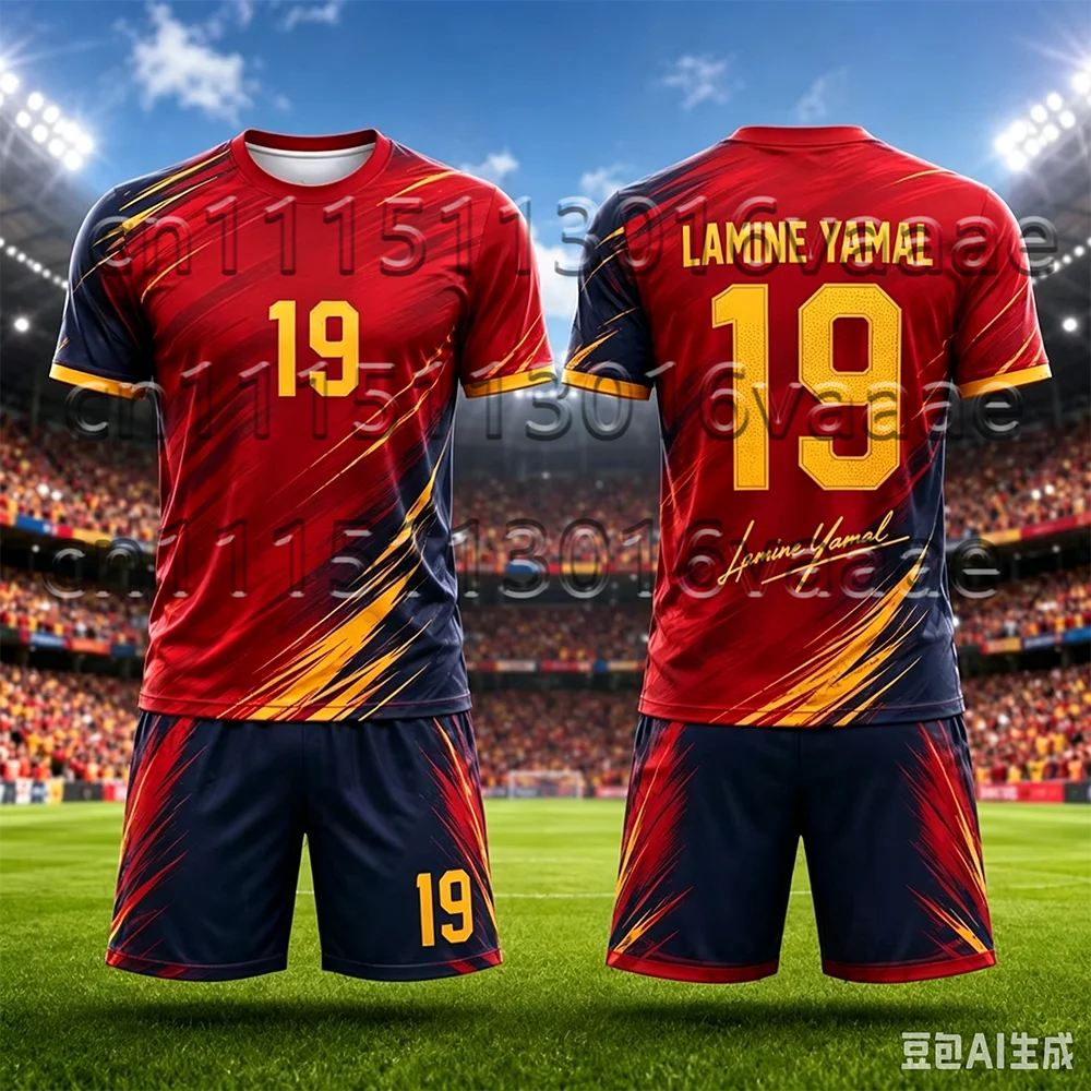 Kinder-Trainingsanzug Fußballtrikot Yamal Nr. 19 Bedrucktes T-Shirt+Shorts-Set Spanien Fan-Outfit Sportbekleidung Kinder/Erwachsene 2-teiliges Set – Detail 6