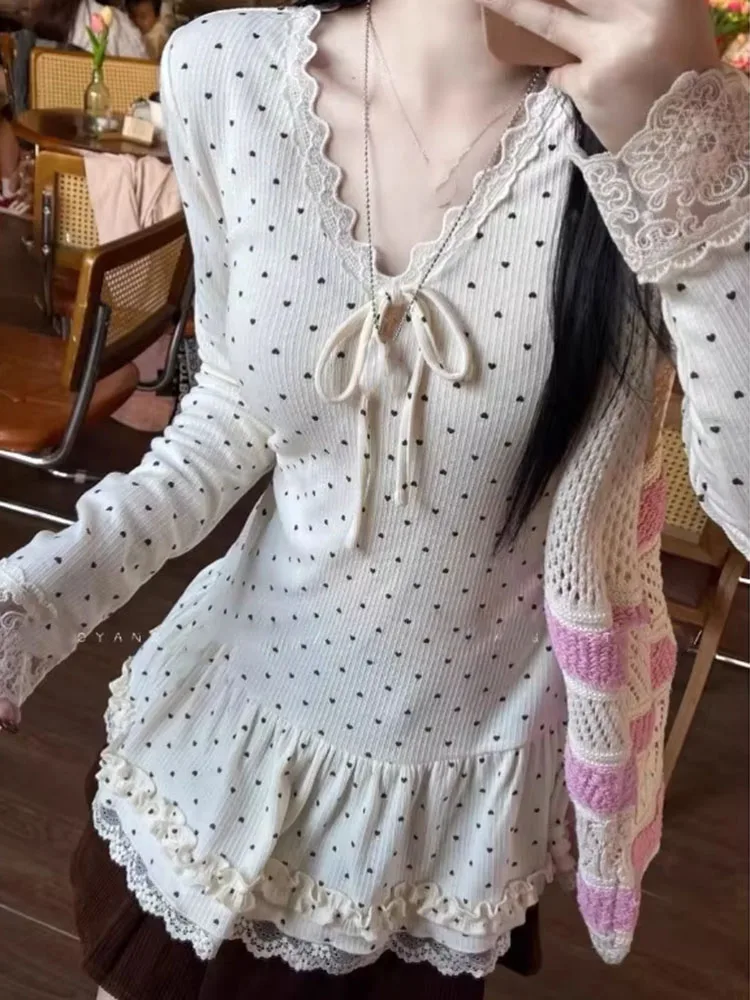 Japanese Spring/fall A-line Grunge Flare Sleeve Tees Y2k Aesthetics Lace Patchwork T-shirt Harajuku Casual Vintage Pleated Tops