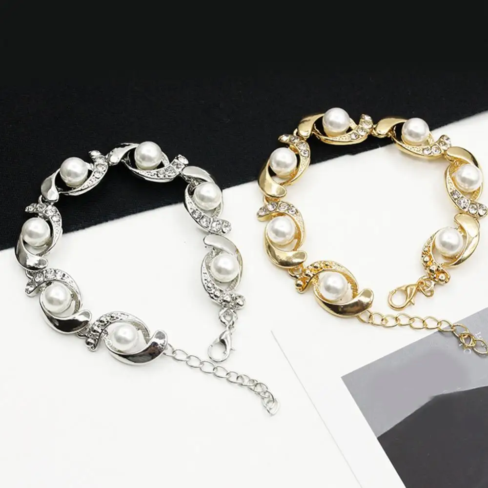 2025 Women Bracelets Faux Pearl Rhinestone Inlaid Bangle Adjustable Bracelet Ring Set Diamonds Pearl Bracelet