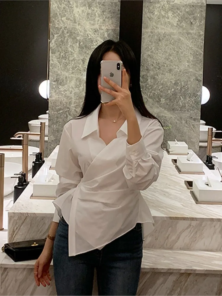 Spring Summer Shirts Tops Women Slim Bodycon Fashion Sexy Irregular Pleated Ladies Blouses Korean Style Woman Shirts Tops