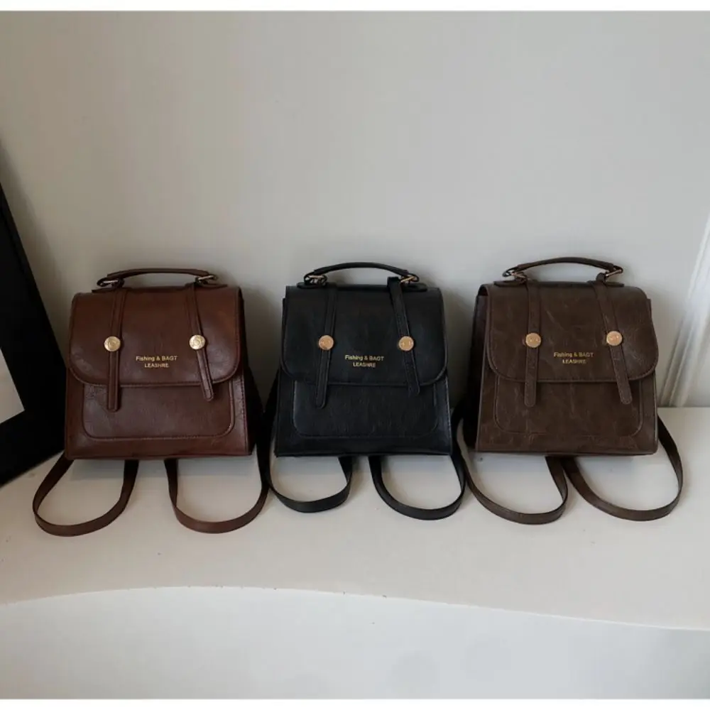 Retro PU Material Ladies Backpack Black Coffee Brown Simple Design Casual Backpack Double Shoulder Bag Street Style Wear
