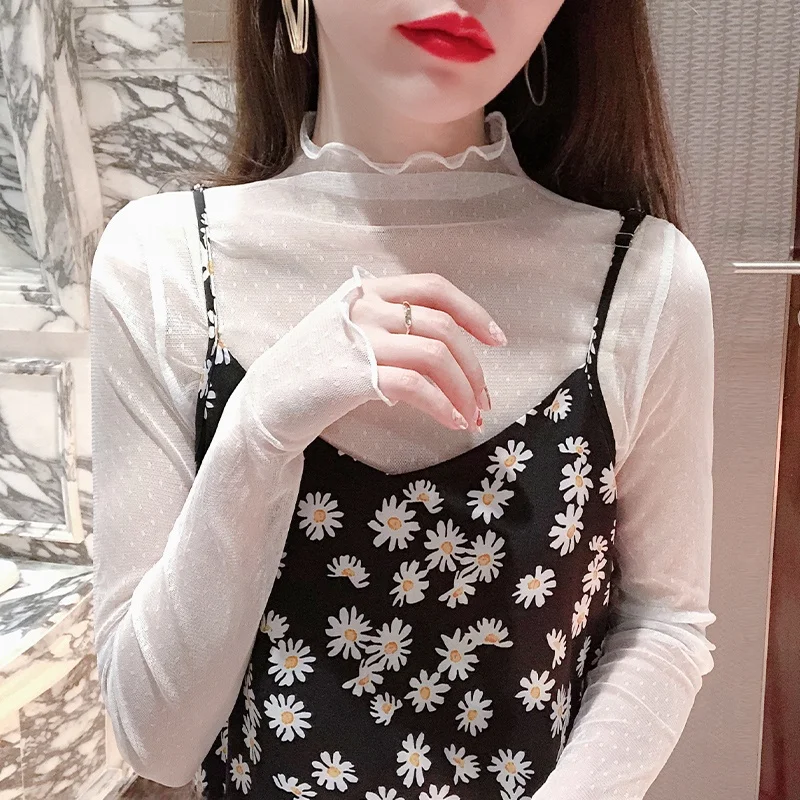 

Женская кружевная блузка с вырезами и высоким воротником, с длинным рукавом, с цветочным узором, в корейском стиле, приталенная, для ношения под юбку