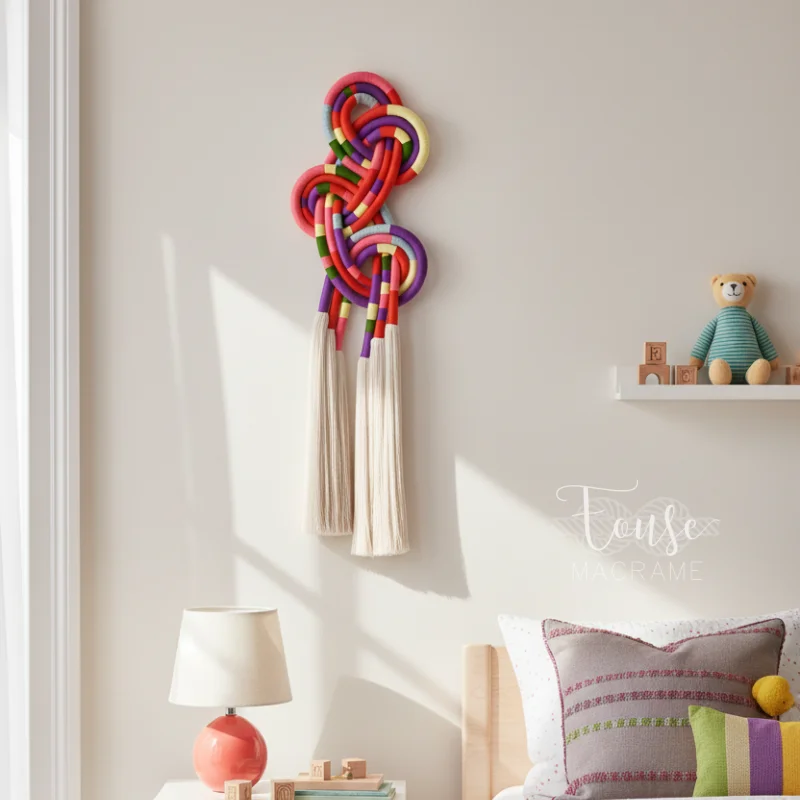 Unique Macrame Wall Hanging Handmade Colorful Cotton Rope Knotted Ring Tassel Wall Art Home Decoration