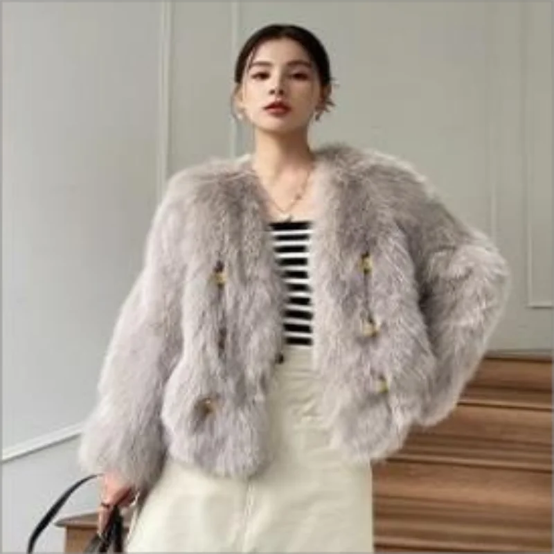 Elegant Womens Imitate Fox Furs Coats Loose New V Neck Plush Jackets Autumn Winter Warm Outerwear Korean Faux Fur coat