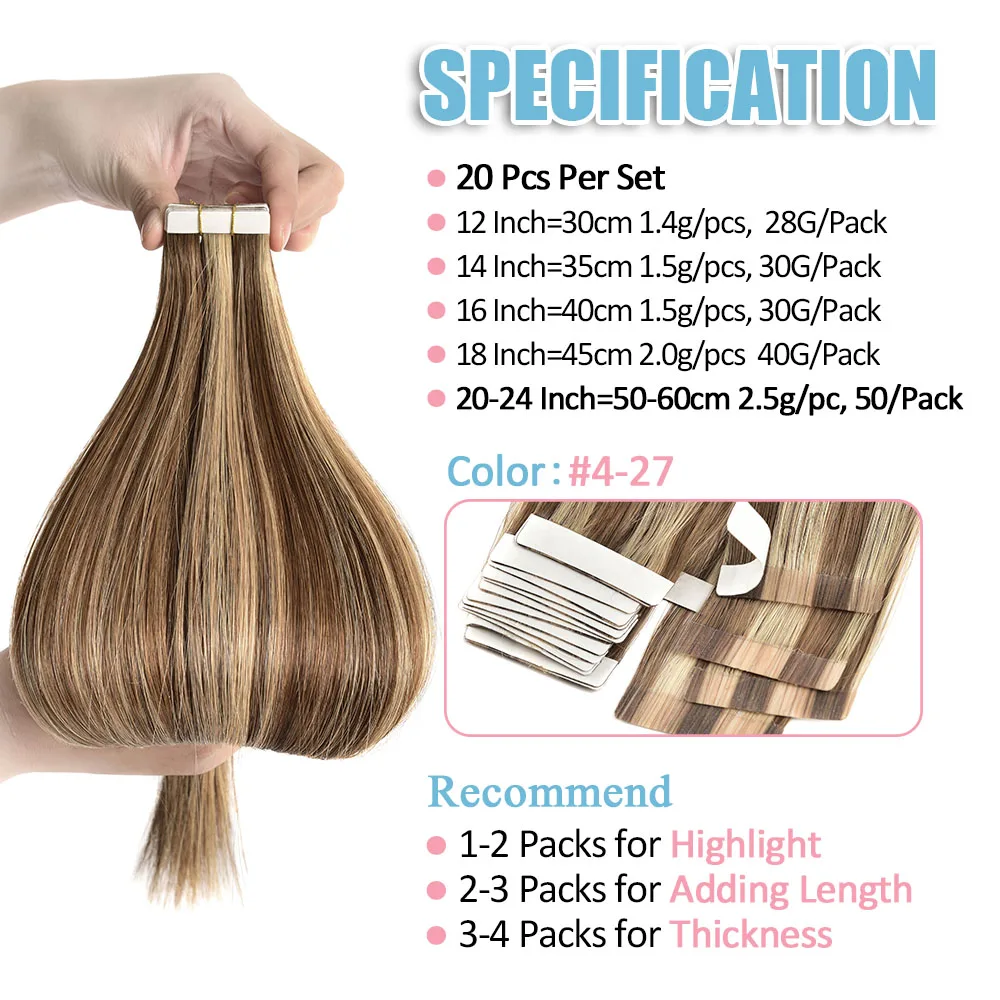 Tape in Hair Extensions Human Hair Real Natural Brazilian Remy Hair Straight Seamless Skin Hair Extensions Weft For Women 20Pcs