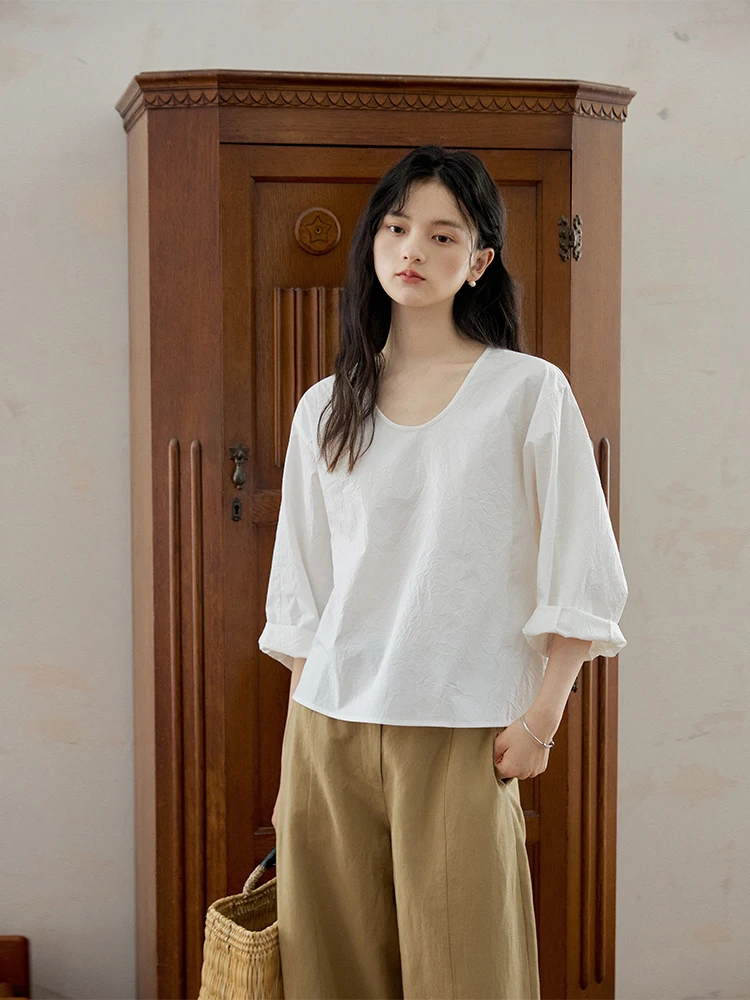 

Nomumad Summer 2025 Loose Fit Short Sleeve U-Neck Pure Color Women's Shirt Casual Style Breathable Cotton Blend Top