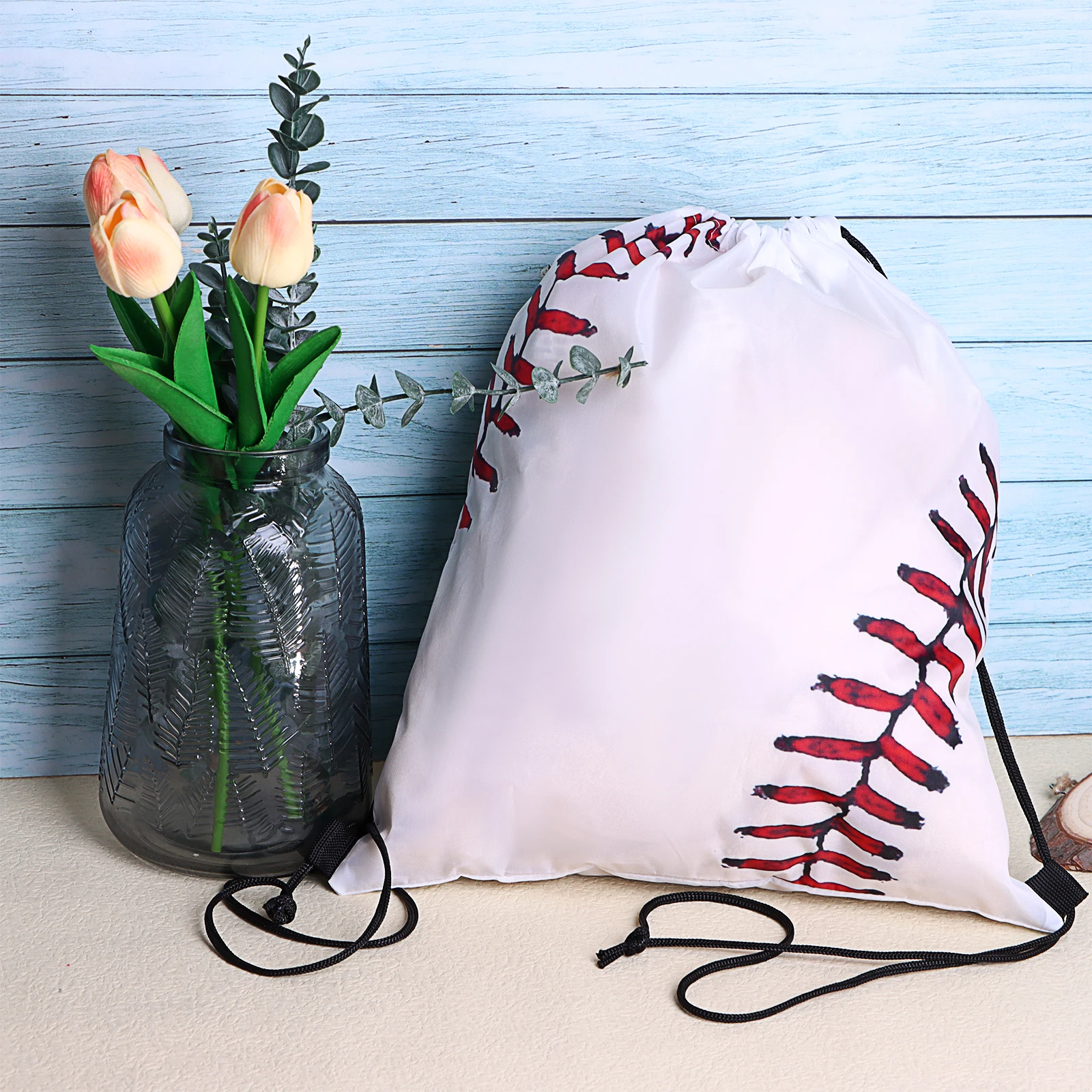 12 Pcs White Baseball Pattern Outdoor Sports Backpack Drawstring Bags Shopping Bag