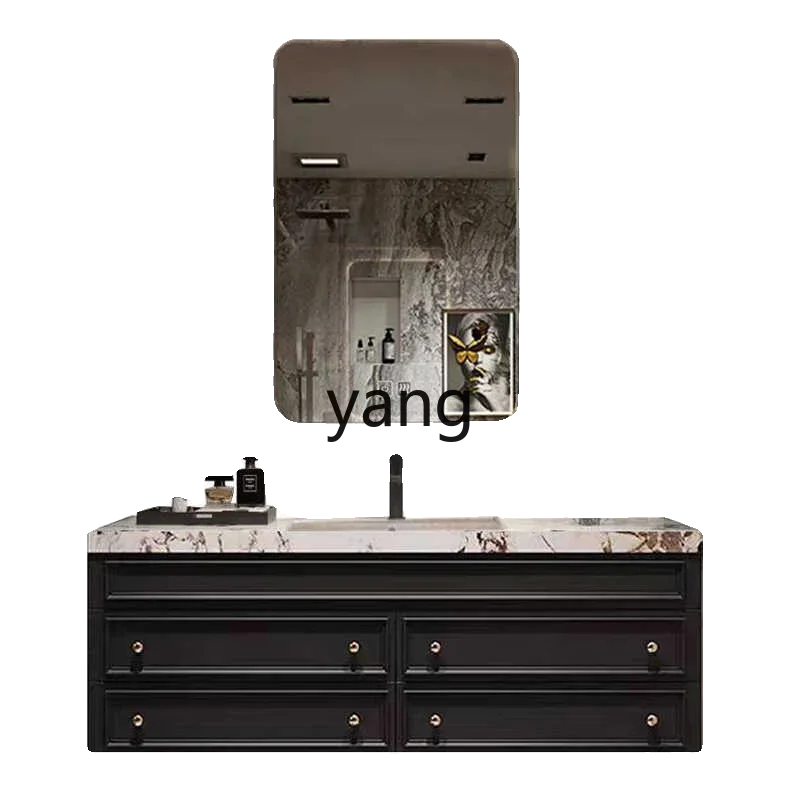 LH retro bathroom cabinet combination rock slab seamless integrated ceramic basin bathroom solid wood washstand