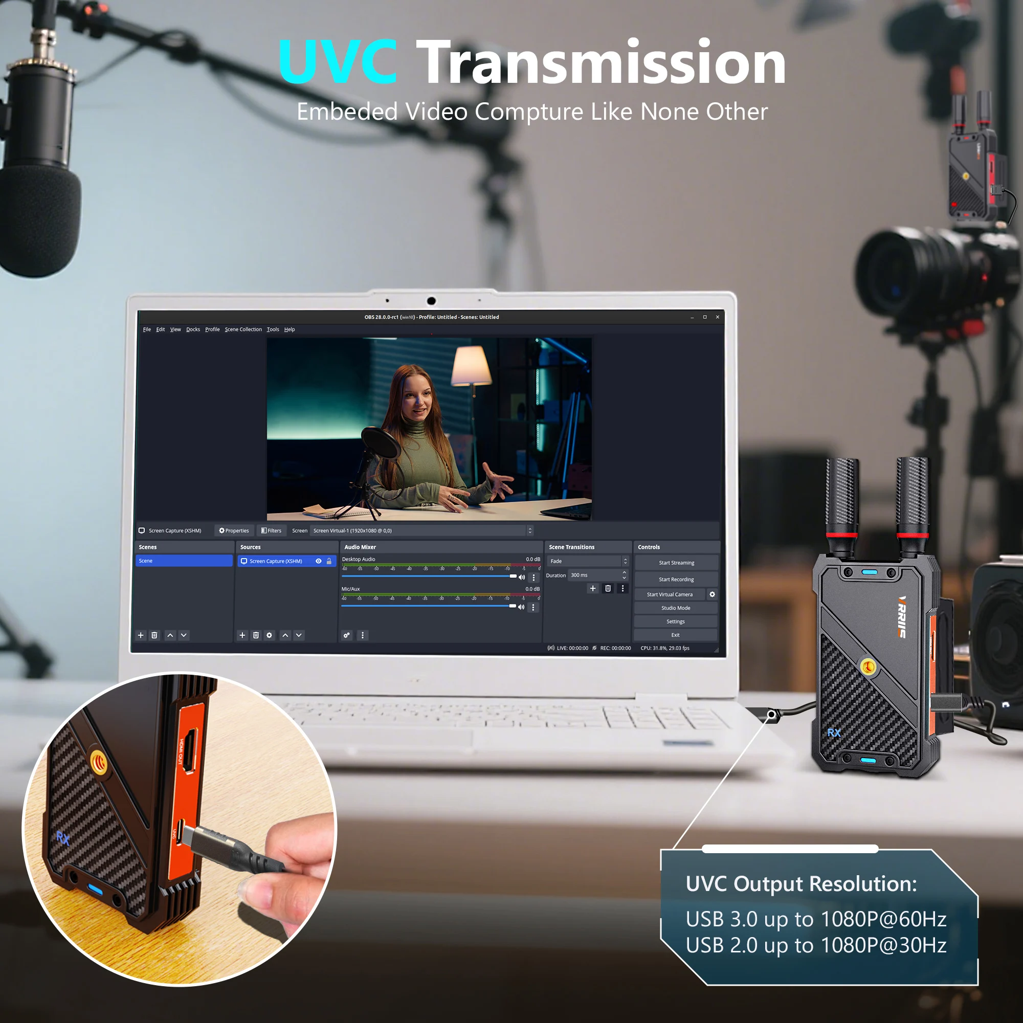

NEW 400m Wireless HDMI Extender Transmitter and Receiver Support Battery Camera Live Streaming UVC Video Recording Capture 2in1