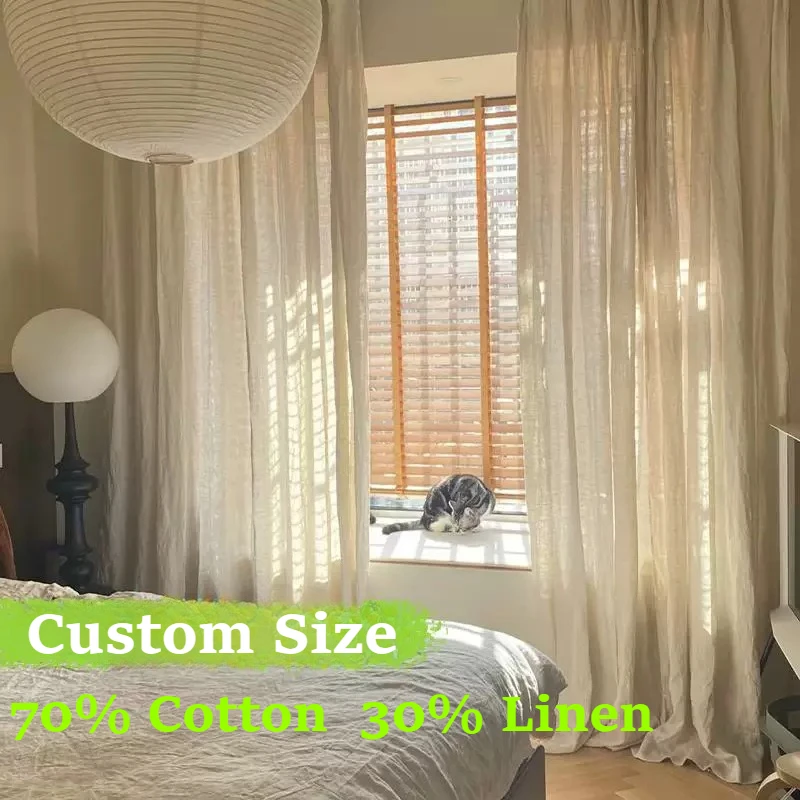 70% Cotton 30% Linen Elegant French White Sheer Curtain Translucent Fabric for Living Dining Room Bedroom Home Decor Custom Size