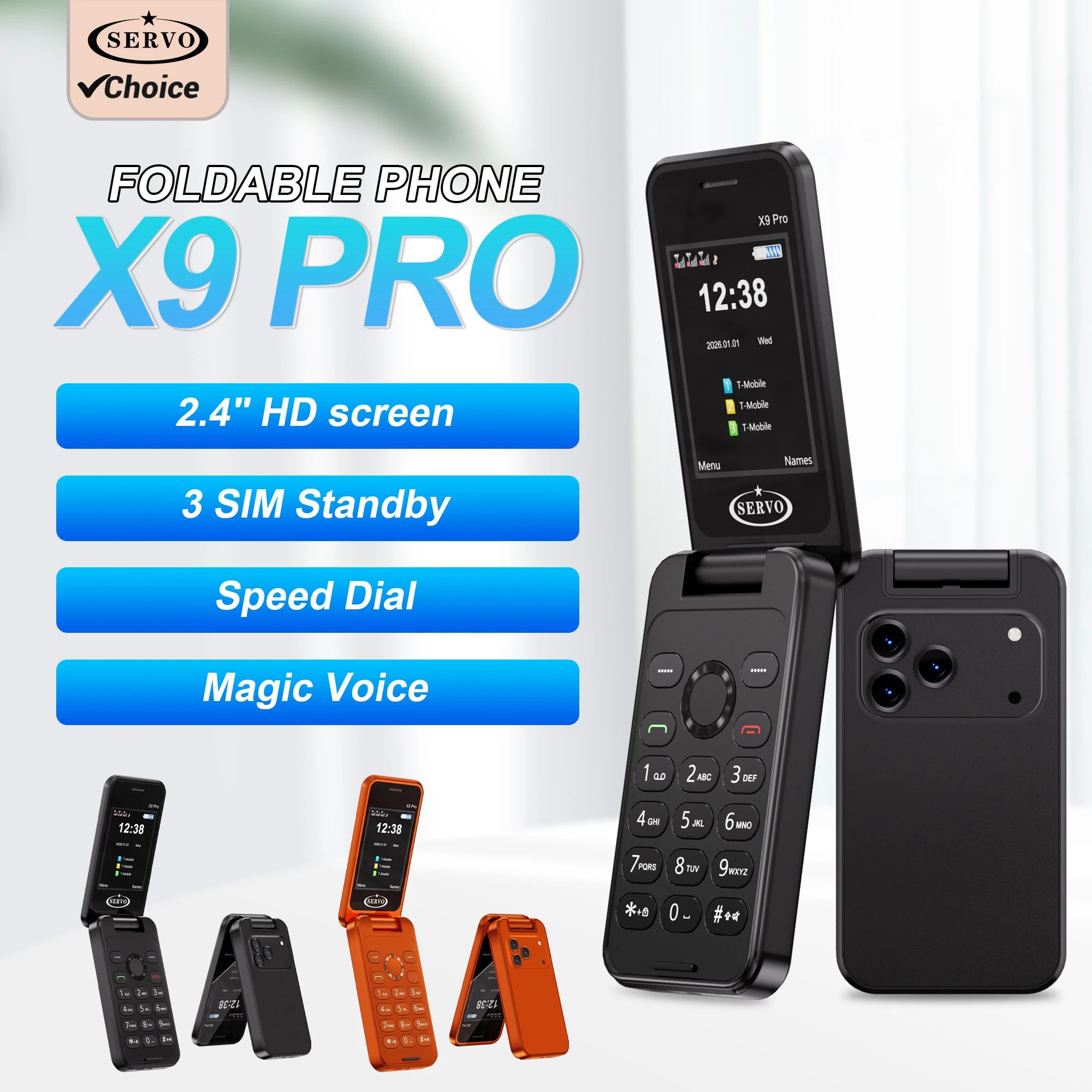 

2026 SERVO X9 PRO Flip Button Mobile Phone 2G GSM 3 SIM Standby Magic Voice Speed Dial FM Radio 2.4" Display Fold Feature Phones