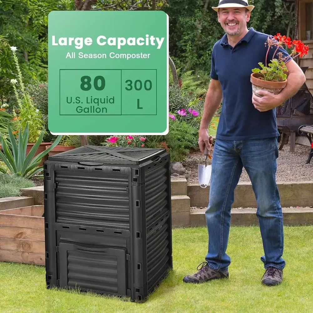 80 Gallon Outdoor Compost Bin with Lid and Bottom Door for Garden Waste and Fertilizer (Black)