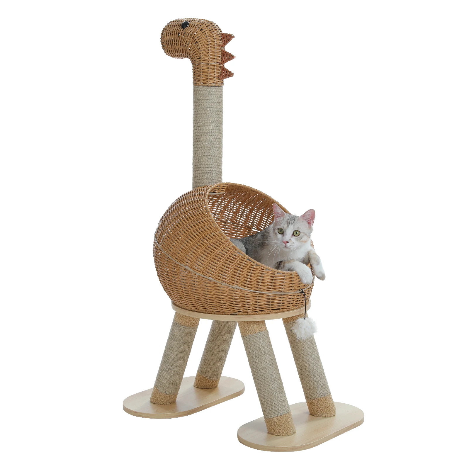 Dinosaurier-Kratzbaum-Turm mit Sisal-Kratzbaum, großer Rattan-Katzenschnitt für den Innenbereich, Korb-Katzenbett mit abnehmbarer Matte, Katzenspielzeug