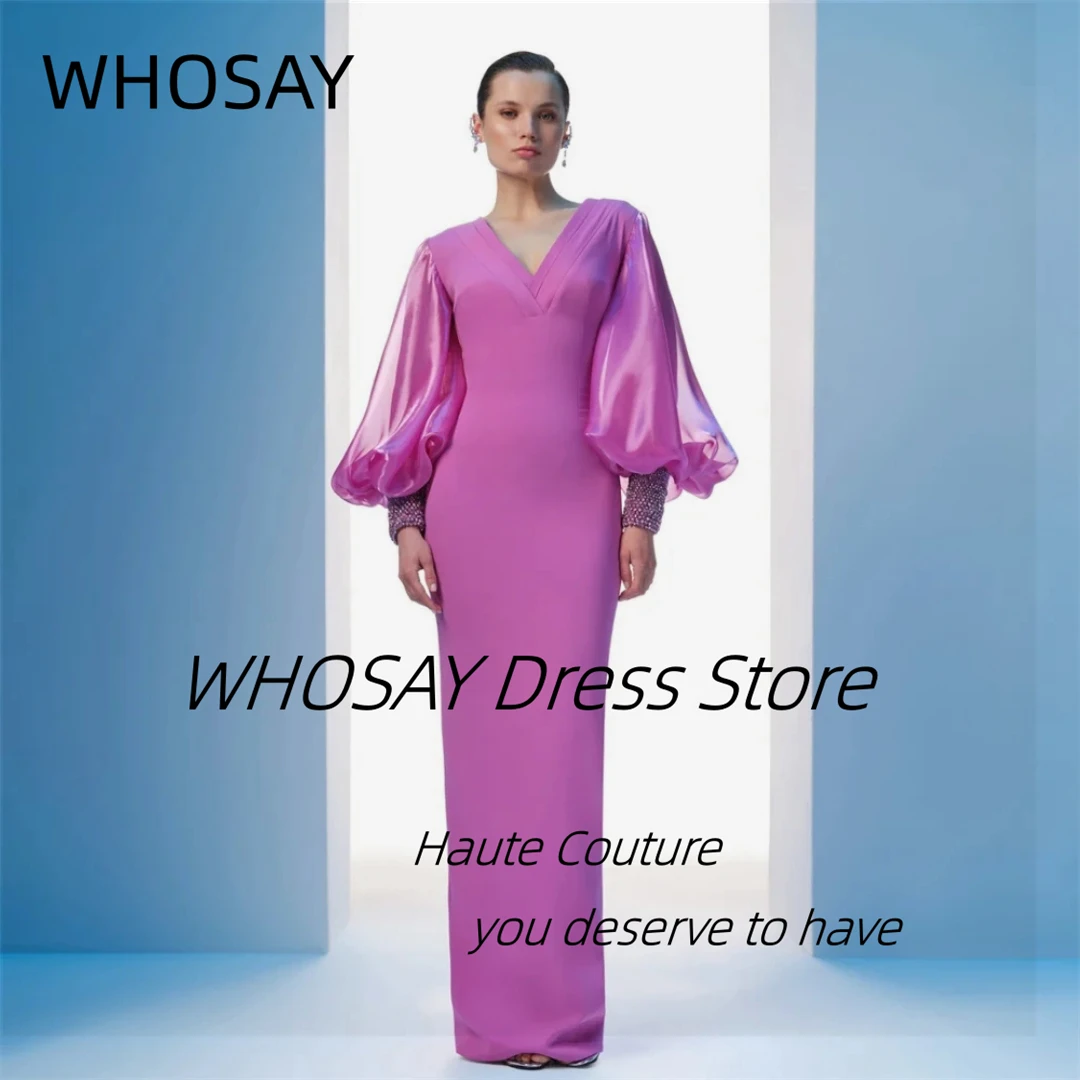 

WHOSAY V Neck Prom Dresses Customized Beaded Long Sleeves Special Occasion Dress Zipper Back Formal Gowns for Evening Party
