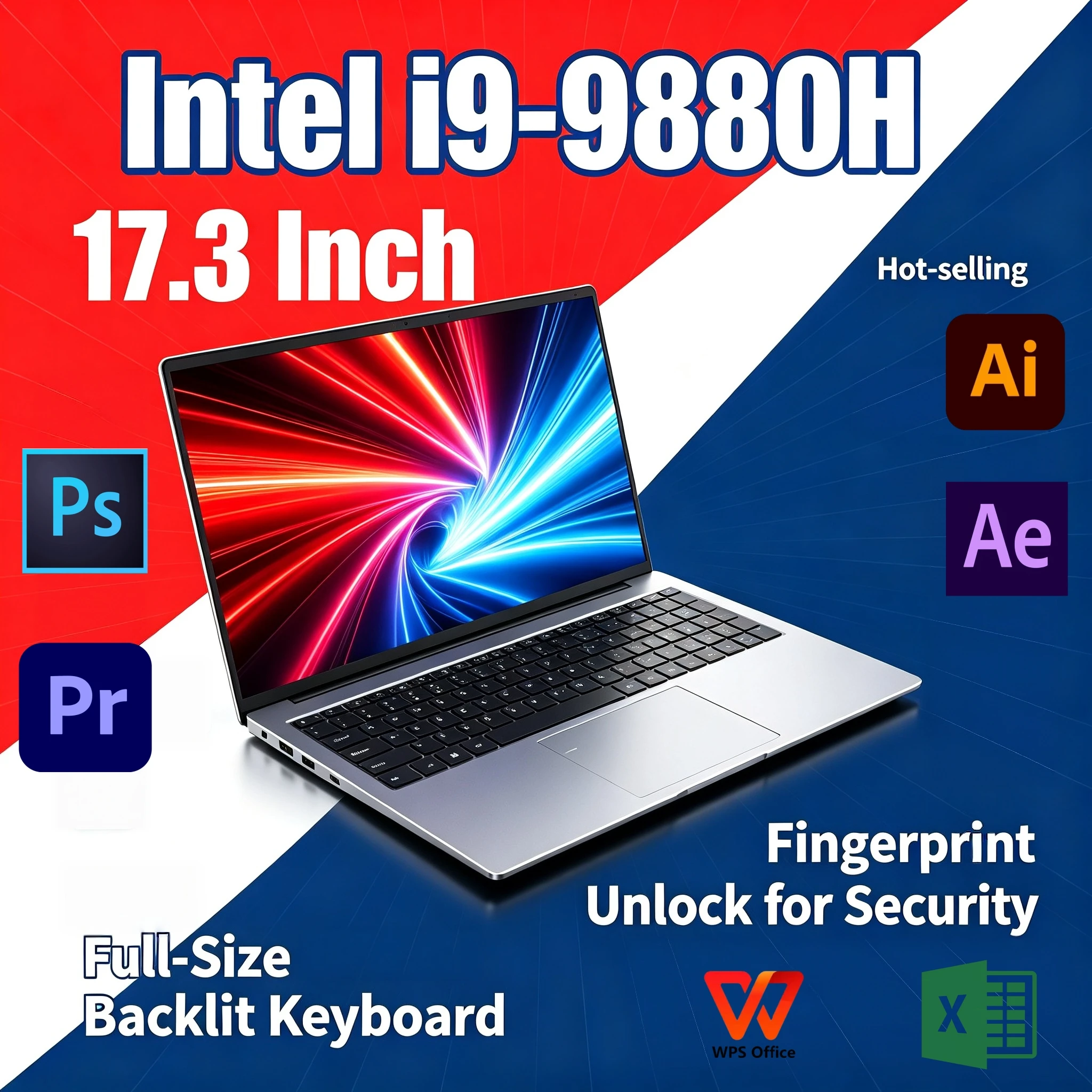 17.3 Inch Intel i9 9880H Full Size Notebook 32GB RAM 2TB SSD Fingerprint Unlock High Performance Work Gaming Pro Turbo