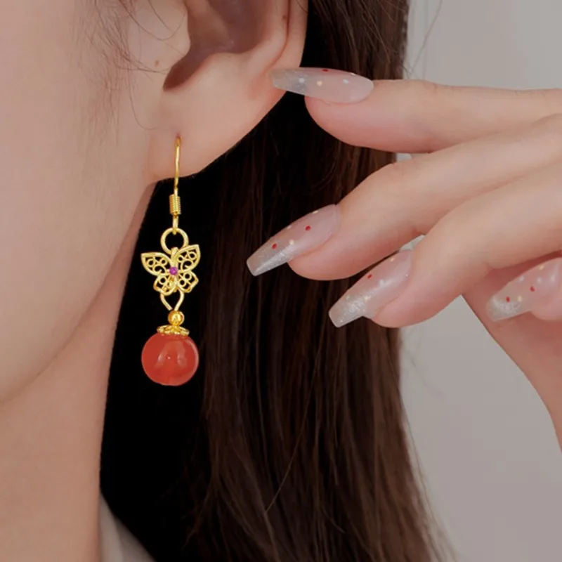 PANJBJ серьги-капли из стерлингового серебра 925 пробы с агатом Nanhong для женщин, золотая бабочка, ажурные этнические украшения, подарок, дропшиппинг