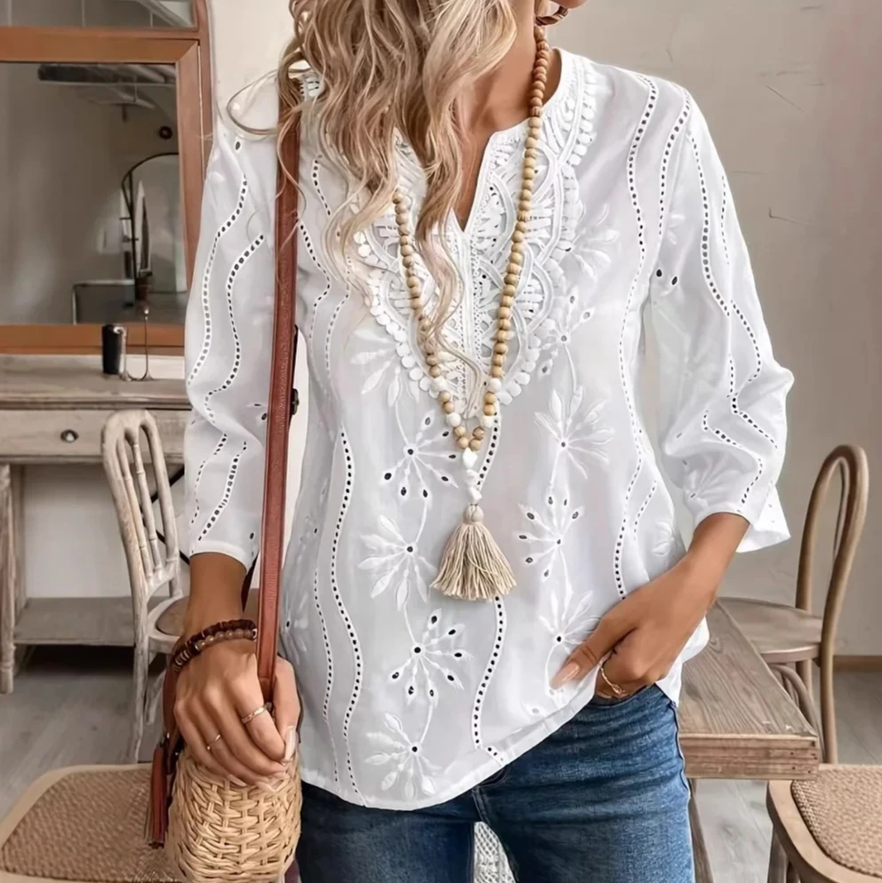 

Loose V-neck Embroidered Lace Casual Women's Shirt Spring Autumn New Style Female