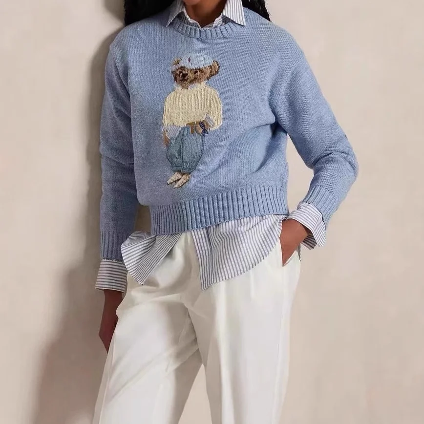 

Spring New Women's Heavyweight Million Needle Embroidery Bear Casual Versatile Cartoon Knitted Sweater Cotton Fla Sequin