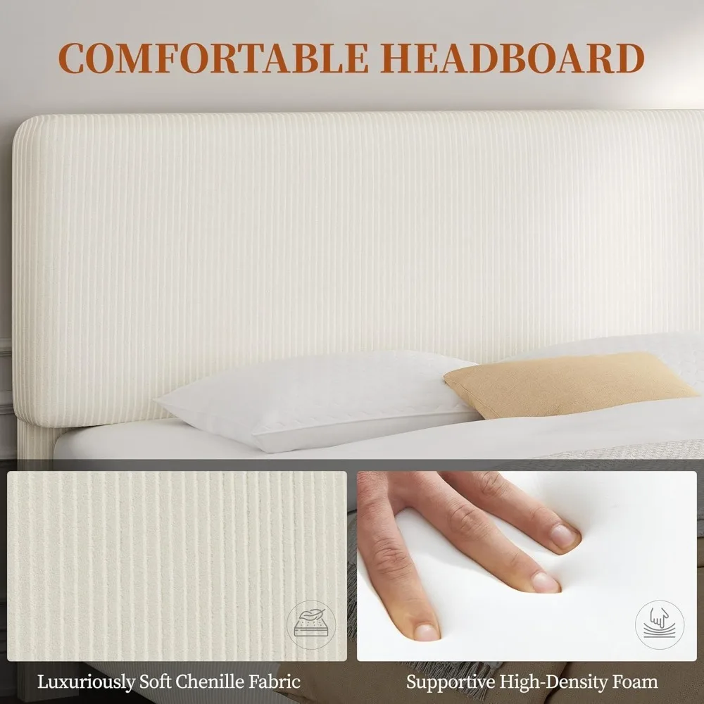 إطارات سرير كوين مع لوح رأسي قابل للتعديل، لوح أمامي/منصة من قماش الشنيل، إطار سرير بحجم كوين