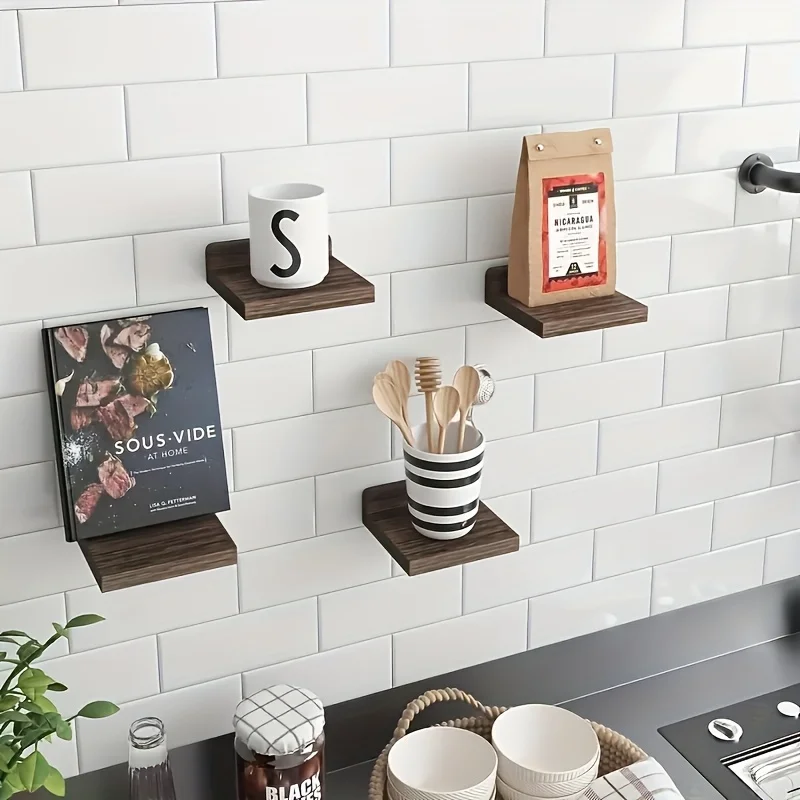 4pcs Wall-Mounted Floating Shelves with Dividers – Modern Wooden Plant Stand for Indoor Plants, Bathroom, Floating Shelves