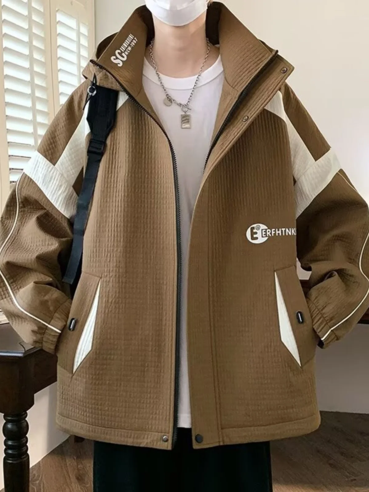 

Мужская куртка большого размера в американском стиле, свободная посадка, весенне-осеннее модное уличное пальто, молодежное пальто (4) Long Sve с откидным воротником