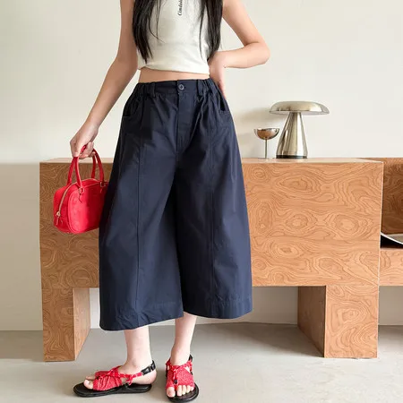 Girls Korean Washed Wide Leg Cropped Pants Summer 2026 New Big Kids Breathable Lightweight Cotton Pants Casual Pants