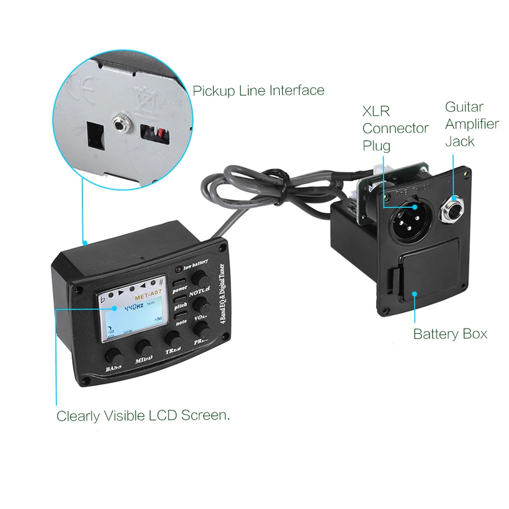 A-07 Acoustic Guitar 4-Band EQ Equalizer Tone and Volume Amplifier Preamp Piezo Pickup 6.35mm XLR with Pitch Note Notch Function