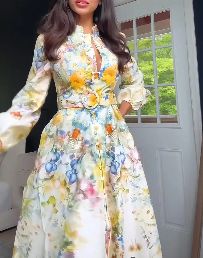 

2025 French Printed Stand Up Collar Lantern Sleeves Button Waist Holiday Dress Autumn Women's Elegant A-Line Long Sleeved Dress