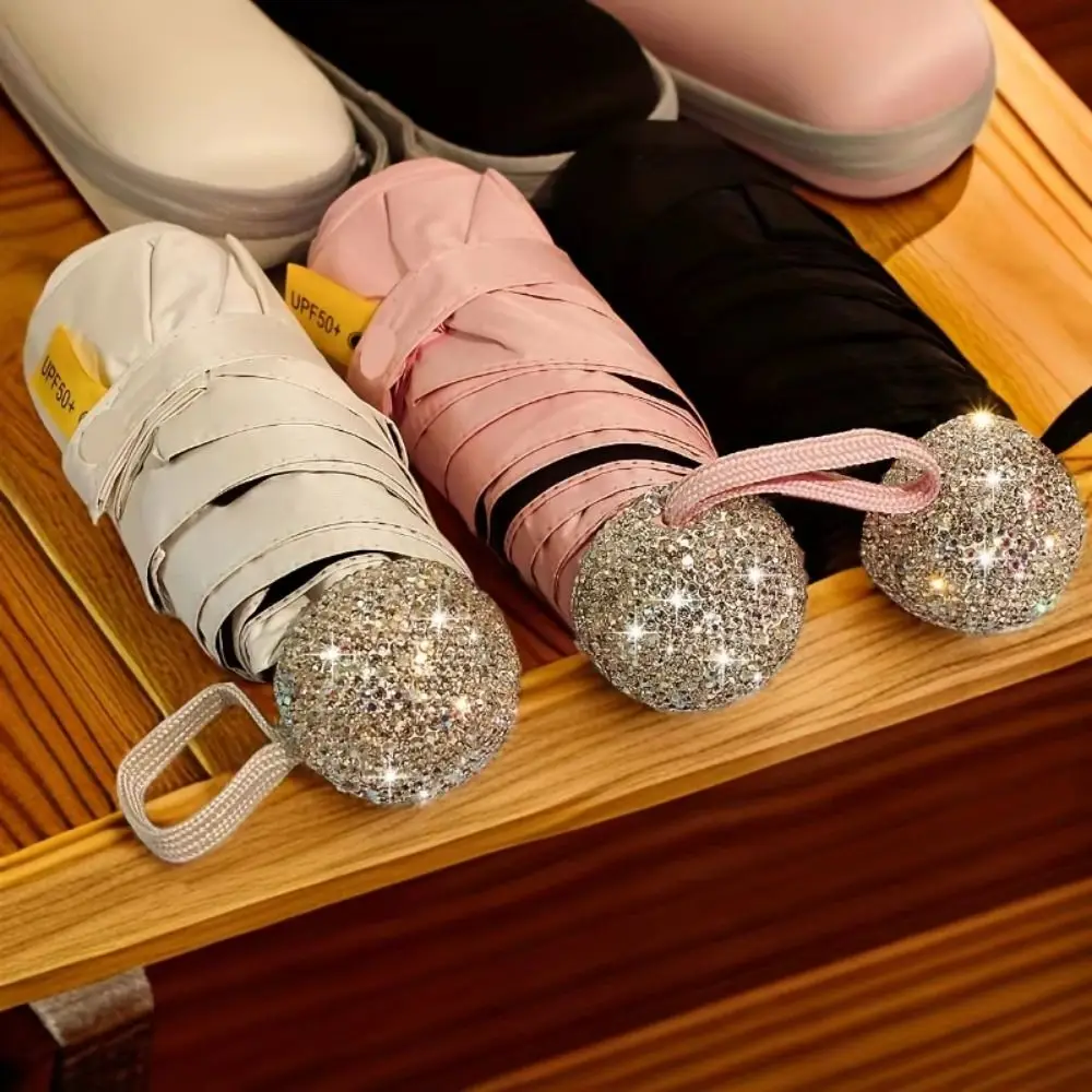 

Shiny Folding Umbrella Lightweight Rhinestone Handle Mini Bling Umbrella Compact Luxury Sunshade Umbrella Rhinestone Decoration