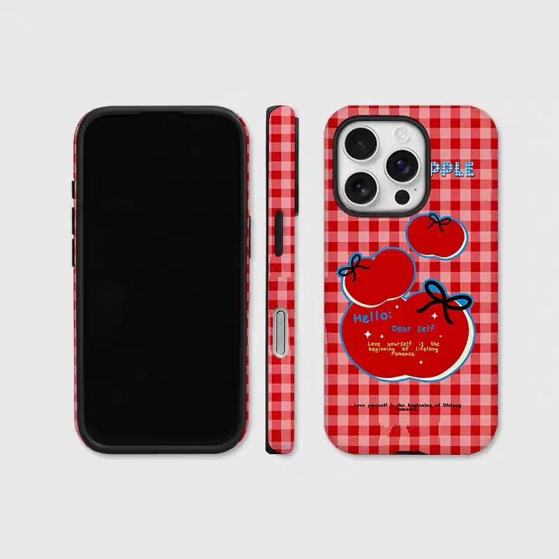 

Ins Korean Grid Red Apple Case for IPHONE 16ProMax 15 14 13 12 11 PRO Plus XR XS MAX Acrylic TPU Two in One Magnetic Phone Cases