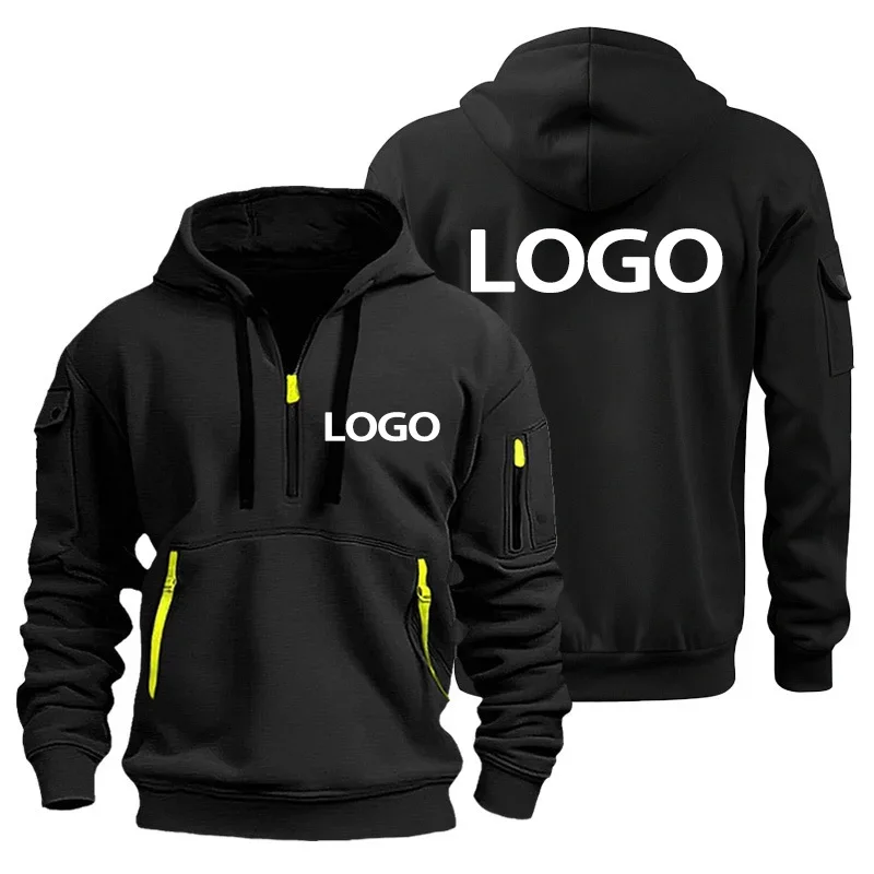 

European New Men's Sports Zipper Arm Pocket Loose Casual Sweatshirt Customize Your Logo Dropped Shoulder Hooded Jacket Pullover