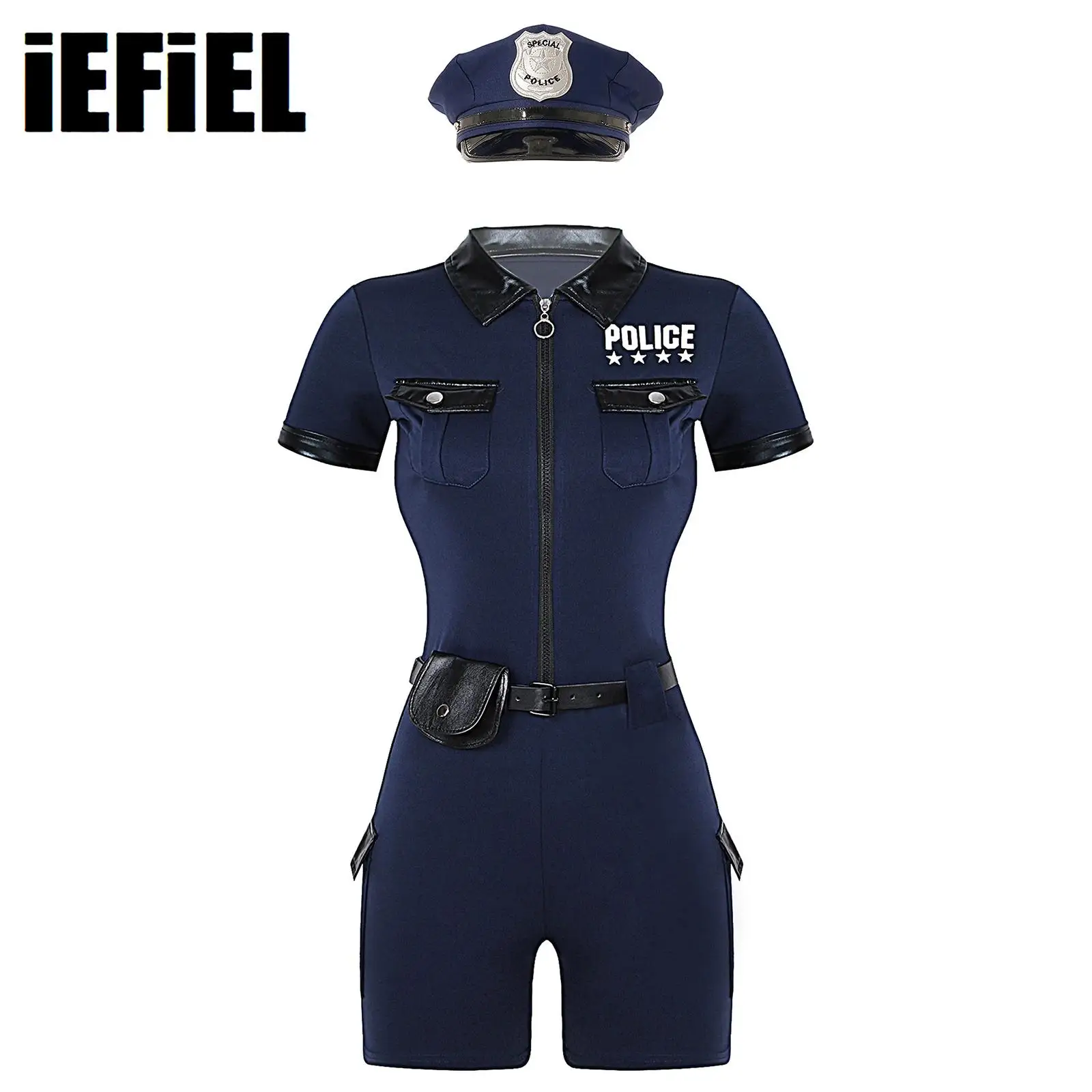 

Women Cop Outfits Policewoman Role Play Costume Zipper Short Sleeve Jumpsuit with Belt Purse Hat Lingerie Uniform