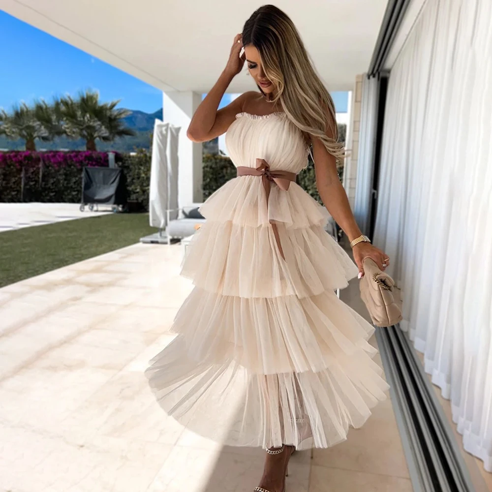 

Tiered Tulle Strapless A Line Sash Evening Dress Birthday Party Custom Made Ankle Length Belted Ruched Mesh Prom Party Gowns