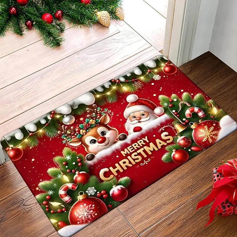 VIKAMA Christmas Doormat Non‑Slip Front Door Rug Washable Indoor Outdoor Xmas Reindeer Bauble Bell Winter Holiday Mat