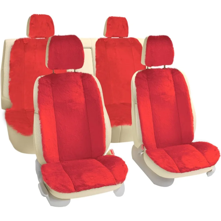 Doe16 Fluffy Faux Rabbit Fur Car Seat Cushions Full Set for Most Cars Trucks SUVs or Vans Red