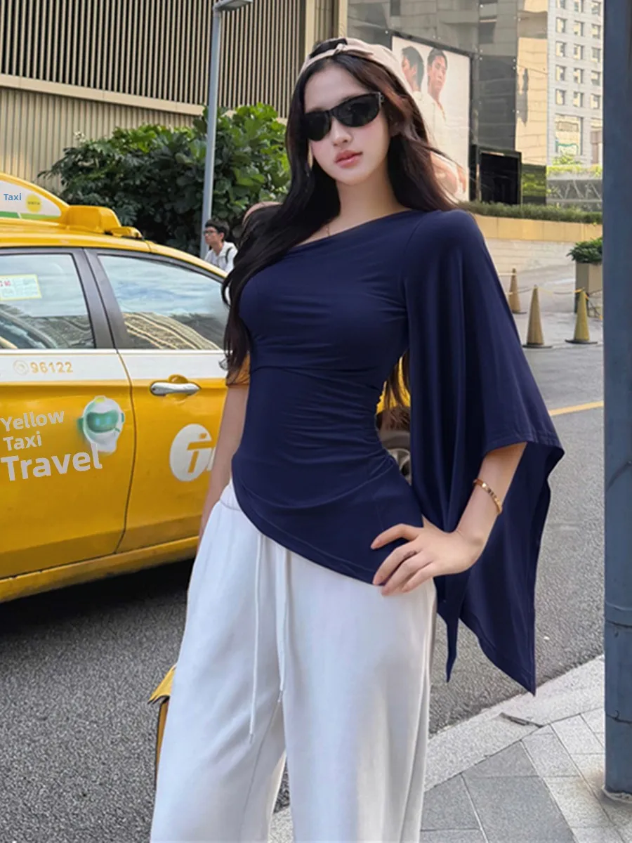 Retro American Asymmetrical Slim Fit Top Women's Goddess Base Shirt Stylish Sash Design Versatile Summer Polyester Blend