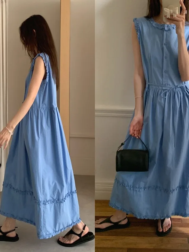 

Retro Wooden Splicing Vest Dr Women's Summer New Belted Waist Cinching Svel Long Dr
