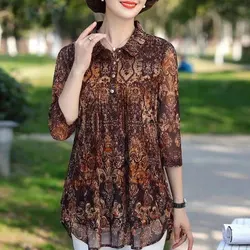 Blusa estampada Vintage para mujer, camisa Midi holgada de manga 2023 con cuello vuelto, botones elegantes, informal, primavera y verano, 3/4