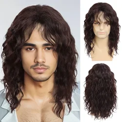 Men’s 80s Synthetic Wig Brown Mullet Wigs Halloween Costume Male Wig Punk Heavy Metal Rocker Long Curly Wavy Wig Cosplay Party