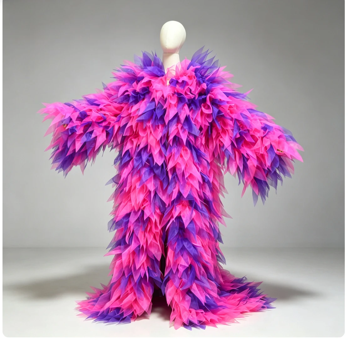 Oversized Layered organza Feather Long Open Robe Fluffy Coat Queen Nightclub Stage Performance Costume Photoshoot Party jacke