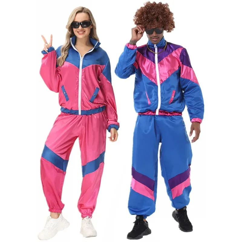 

Couples Hippie Costumes Halloween Carnival 80s Retro Disco Hip Hop Sports Jackets and Pants Set Adult Dance Dress Up