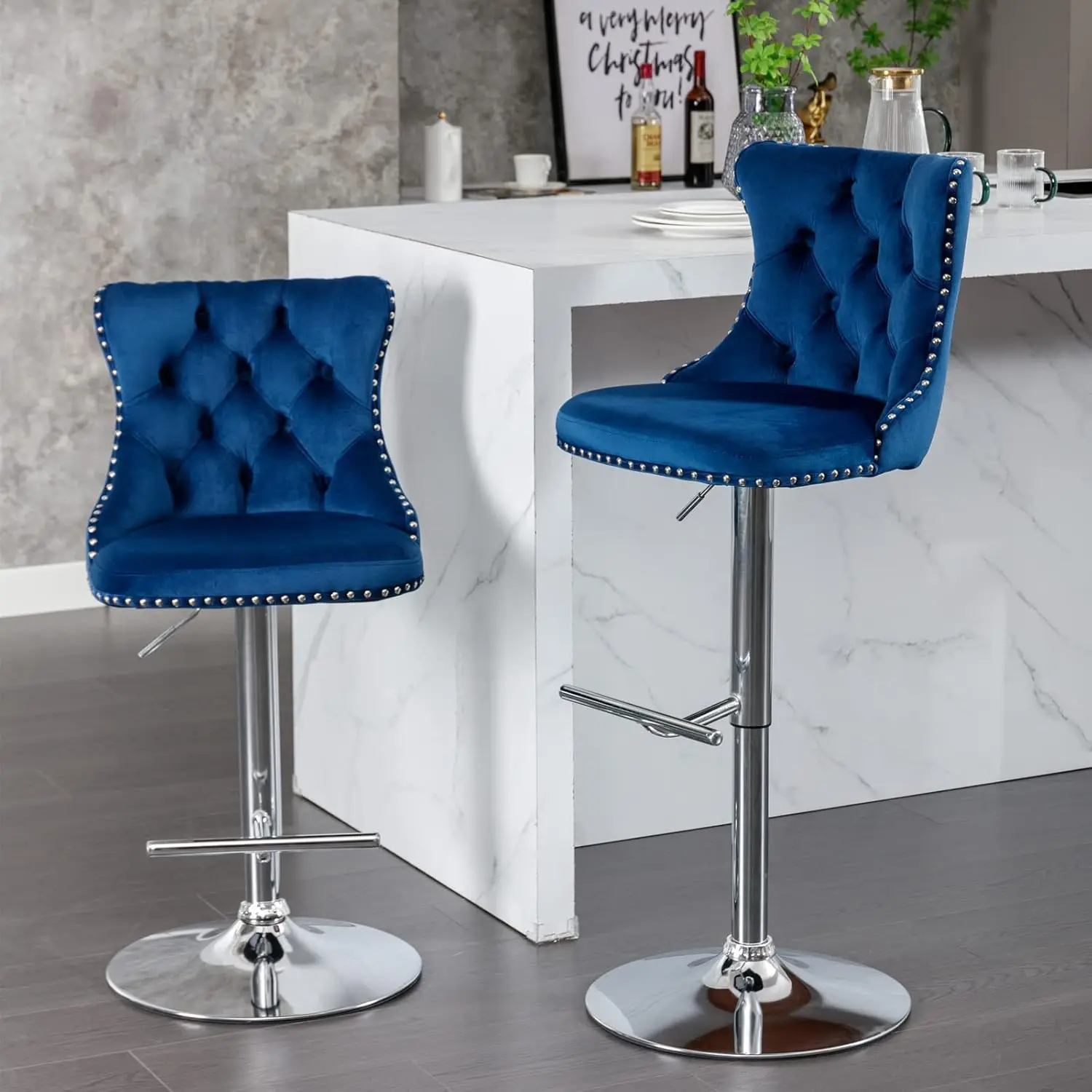 

Counter Height Bar Stools Set of 2, Swivel Barstools with High Back, Button Tufted and Nailheads Trim, Velvet Upholstered