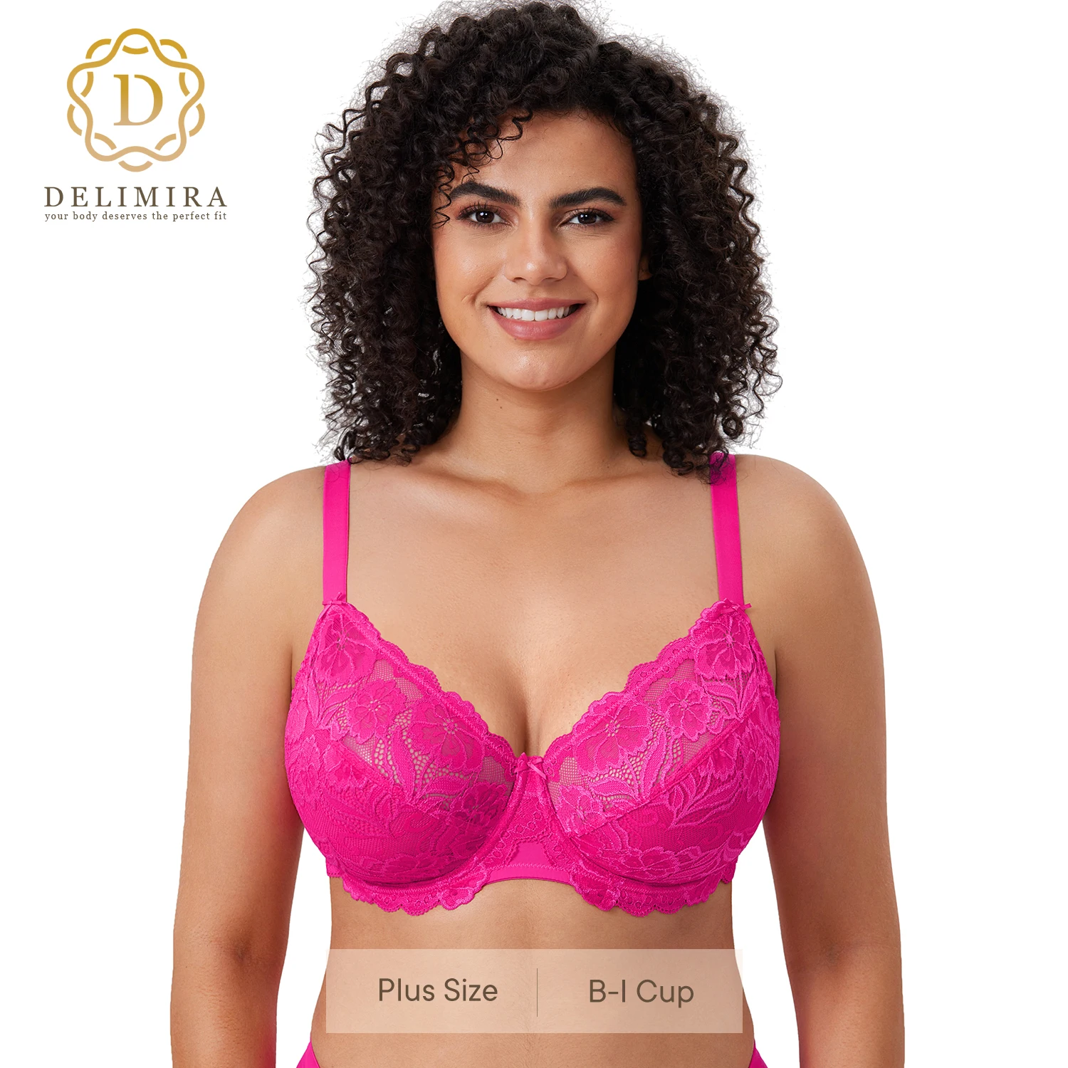 DELIMIRA Women's Full Coverage Non-Foam Embroidery Floral Lace Plus Size Underwired Bra