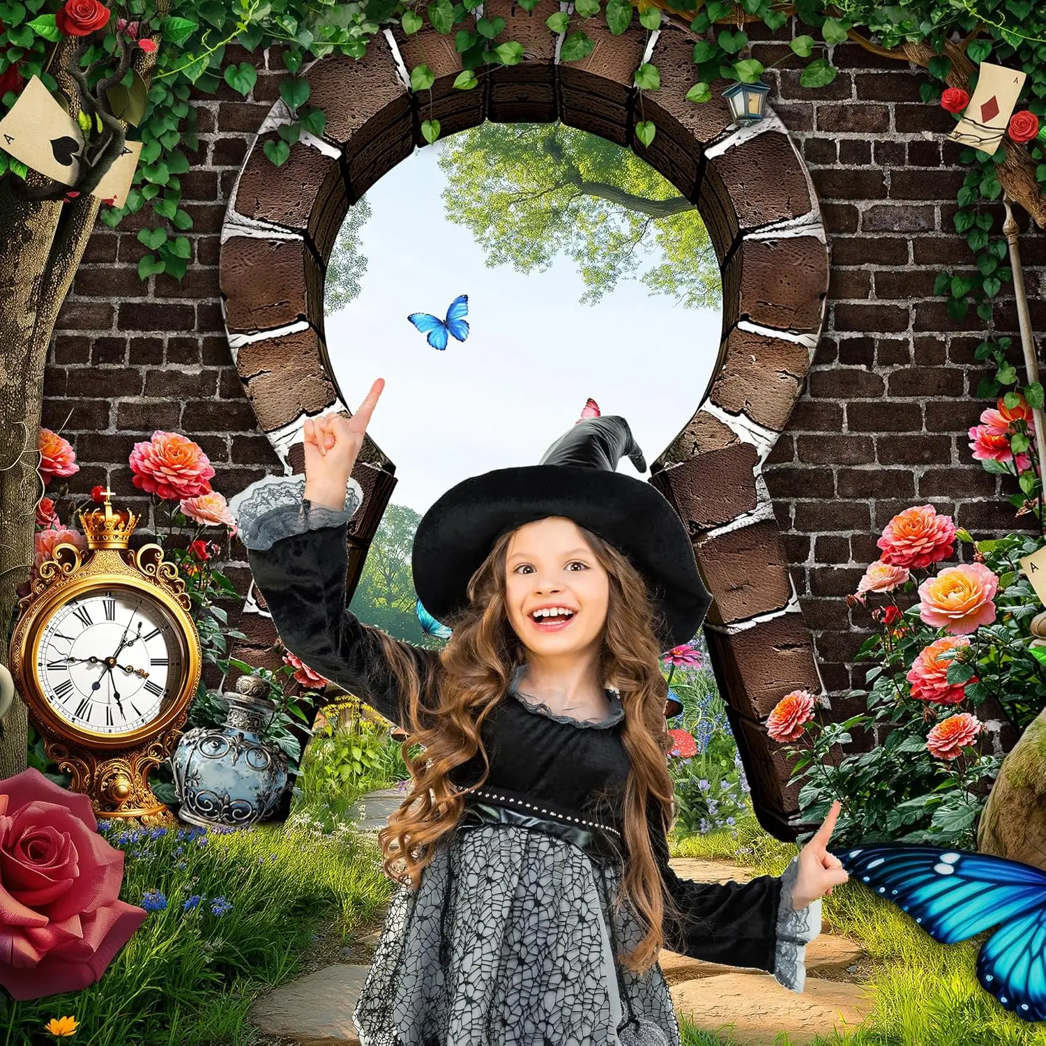 alice wonderland Tea Party enchanted magic dinner poker clock children kids Party decor photo background photography backdrop