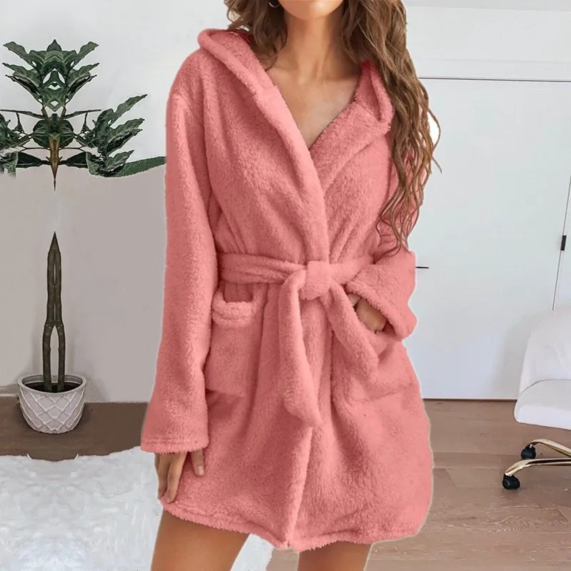 Autumn Winter Women Sexy Bath Robe Fluffy Plush Pyjamas Ladies Hooded Dressing Solid Color Gown Warm Bathrobe Female Loungewear image 6