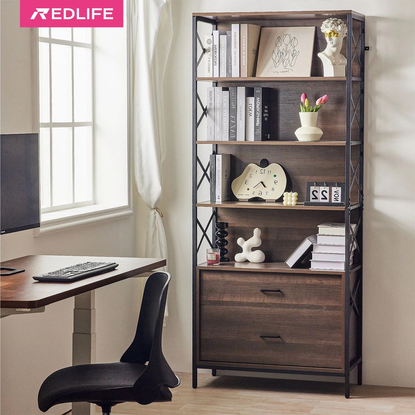 Redlife 5-Tier Bookshelf w/ File Cabinet Drawers Industrial Wood Bookcase Standing Storage Organizer for Living Room Home Office