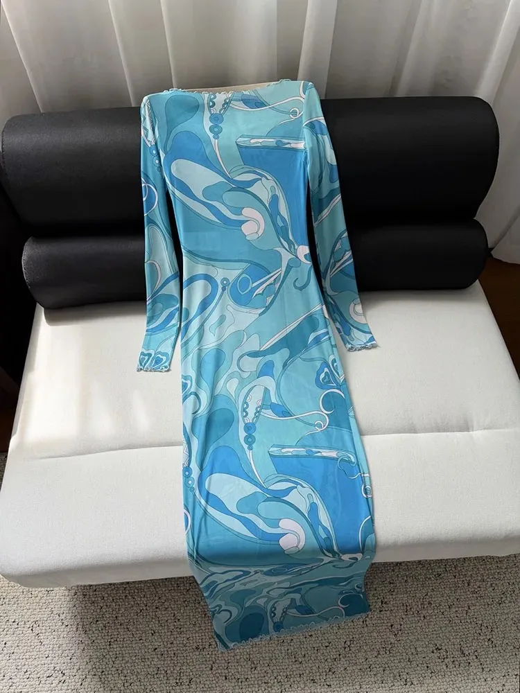 Spring Summer Fashion Party Elegant Geometric Print Silk Pencil Long Dress Women's Long Sleeve High Waist Translucent Dresses