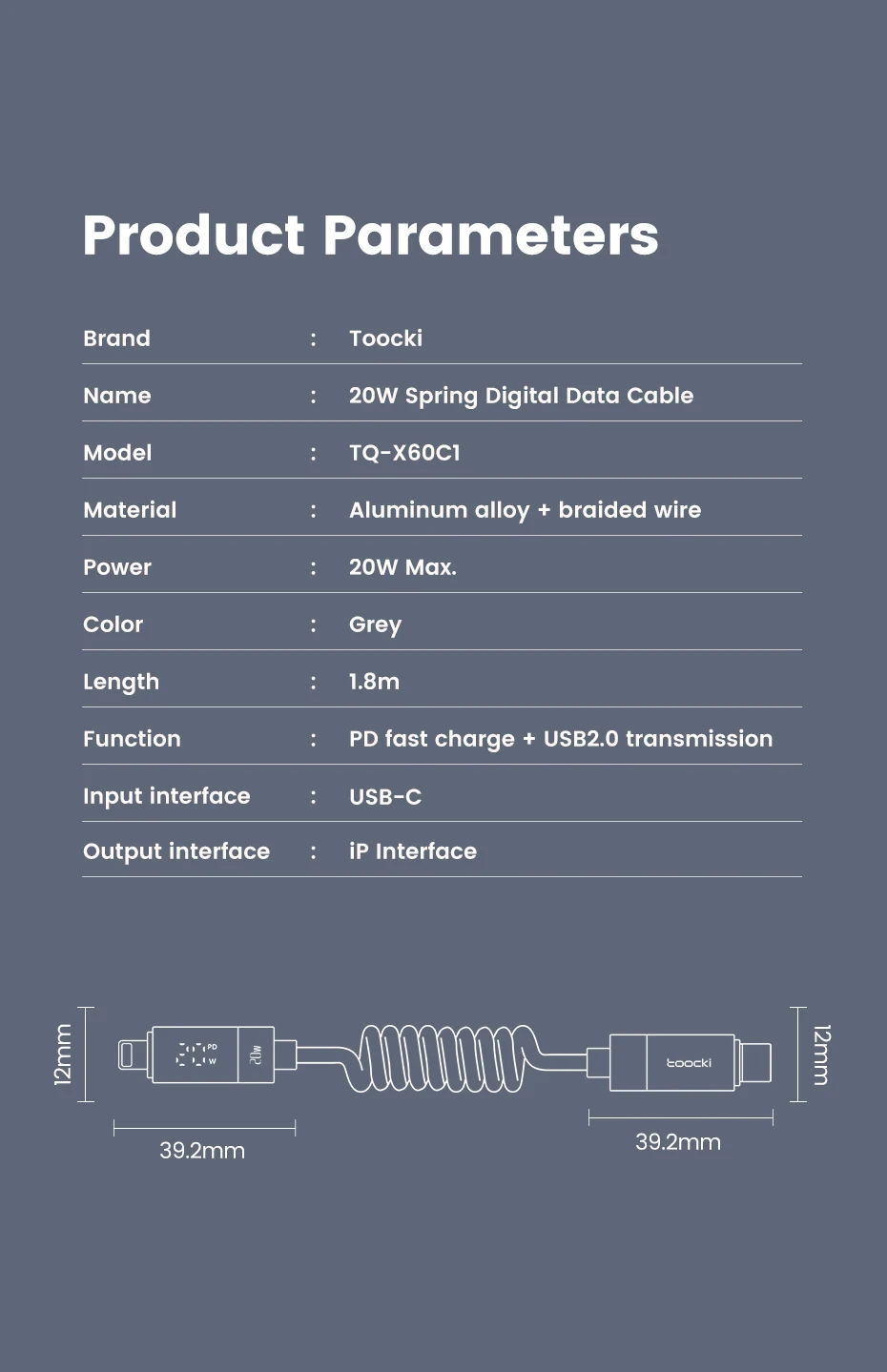 Toocki Coiled USB Type C Lightning Cable Digital Display Spring 100W Fast Charing Type C Charger Cord for Mobile Phones Laptops