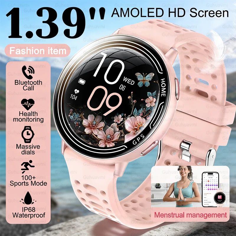 

Новые модные смарт-часы 2026 года с AMOLED-экраном 1,39 дюйма, Bluetooth-звонками, монитором сердечного ритма, водонепроницаемостью IP68, женские смарт-часы для iOS