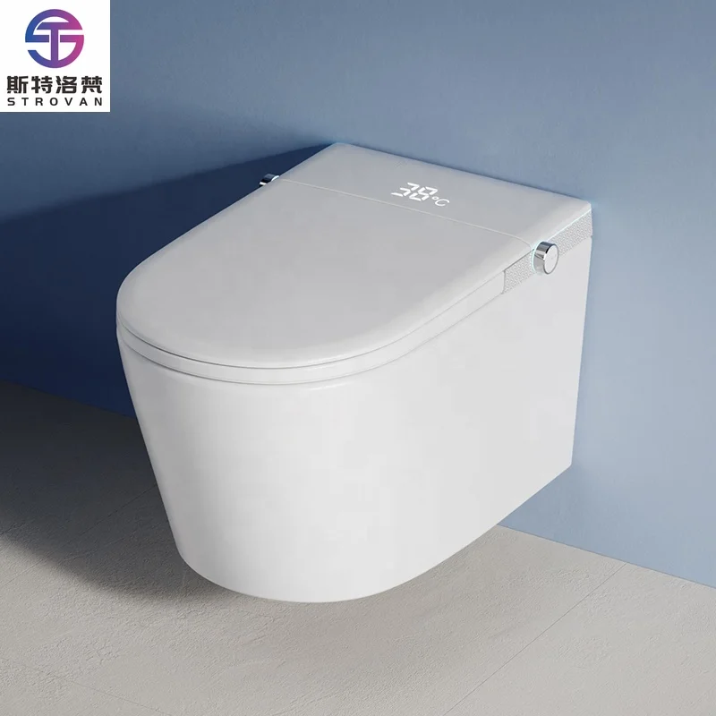 Inteligentna toaleta bezramkowa HKZX z bidetem, montowana na ścianie, elektryczna, z pilotem, odpływ P-trap, wbudowany zbiornik na wodę.